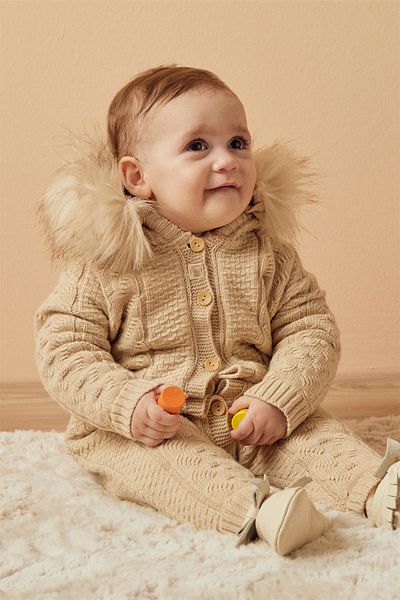 Uludağ Triko Beige Wool-Cashmere Fur Baby Jumpsuit