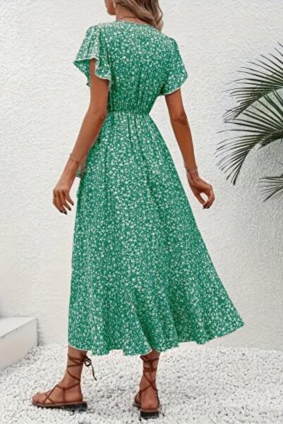 Mossta Φόρεμα μονόχρωμο με λεπτομέρεια με βολάν και διπλό λαιμόκοψη - Πράσινο