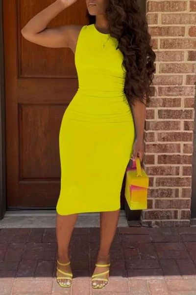 Mossta Zero Sleeve Crew Neck Midi Length Diving Dress - Yellow