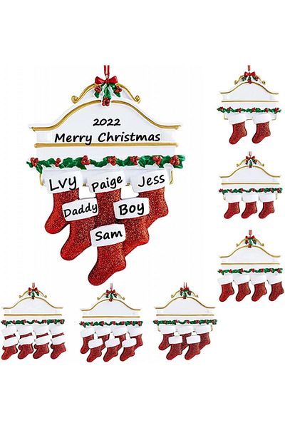OEM Pendant with 6 Christmas socks, red/white, resin, 9.5 x 7.4 cm