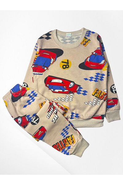 Pajama Shop Boy's Cotton Hooded Milk Brown Car Patterned Long Sleeve Winter Pajama Set