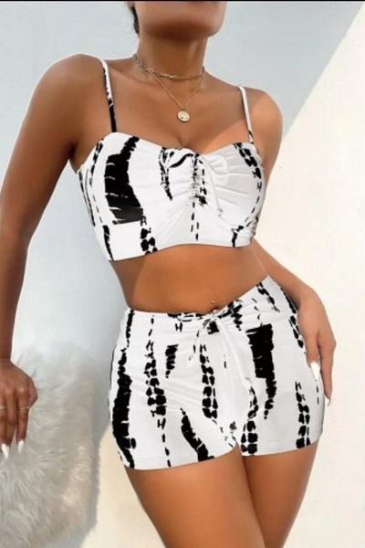 Mossta Thin Strap Gather Detail Crop Short Leggings Double Set - White