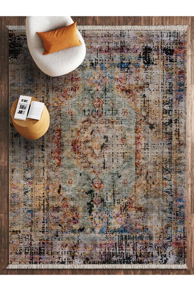 HALIZZON Nehir Vintage Klasik Halı Dijital Baskı Şönil Pamuk Kaymaz Taban Ana...