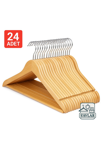 SAVLAR 24'lü Kaymaz Ahşap Askı Seti – Dönebilen Kanca, Elbise Ceket Pantolon Askısı