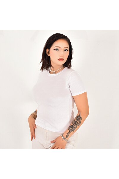 Pollux Moda Kadın Bisiklet Yaka Basic Kısa Kollu Esnek Body Full Likralı Tam Kalıp