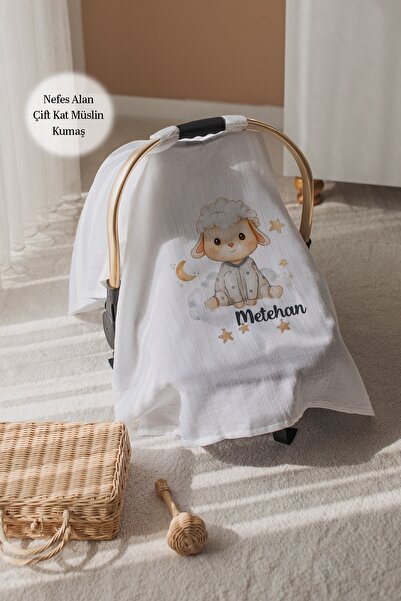 Astral Baby %100 Pamuk İsme Özel Çift Katlı Müslin Puset Örtüsü-Kuzu