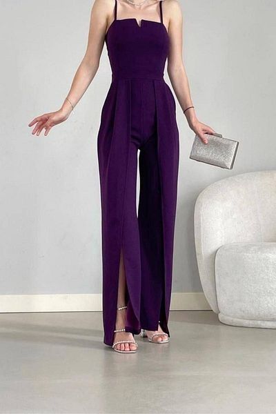 Mossta Thin Strap Strapless V-Neck Slit Jumpsuit - Purple