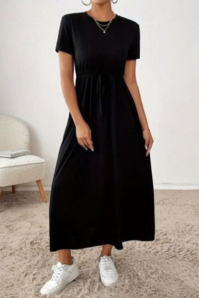Mossta Crew Neck Gathered Waist Midi Dress with Pockets - Black