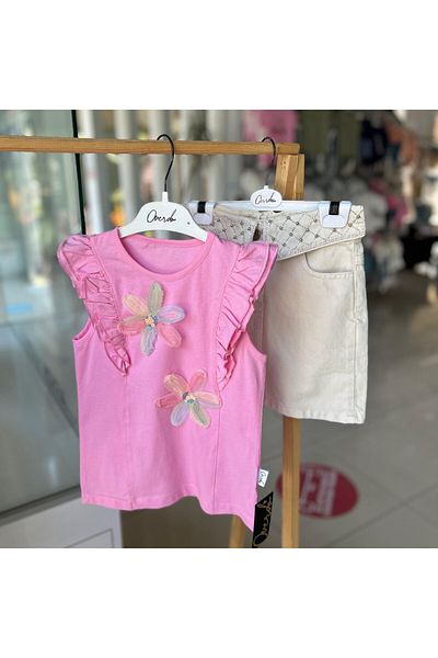 Overdo Girl's Cotton Floral Detailed T-Shirt Denim Skirt 2-Piece Bottom Top Set