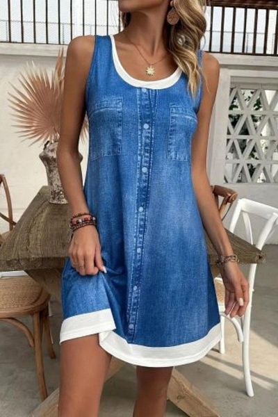 Mossta Sleeveless Denim Look Mini Single Jersey Dress - Blue