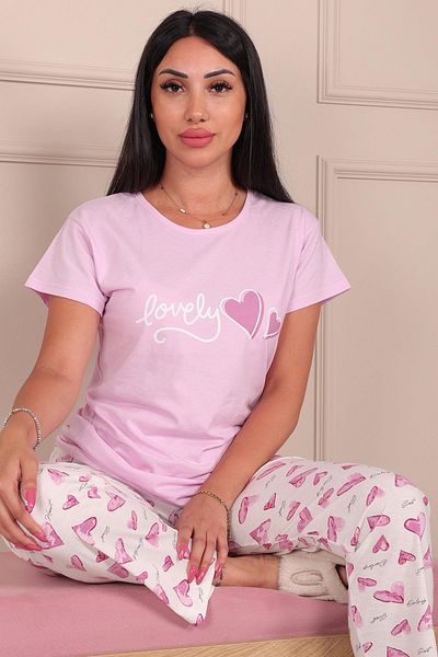 Niket Life Set de pijamale din bumbac pieptănat lung, cu mâneci scurte, cu decolteu, cu slogan încântător și model de inimă pentru femei