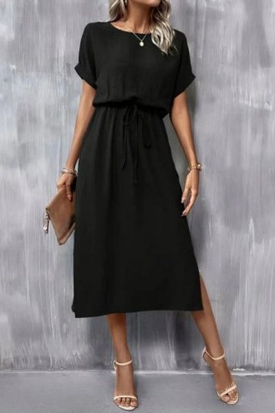 Mossta Short Sleeve Waist Tie Slit Viscose Dress - Black