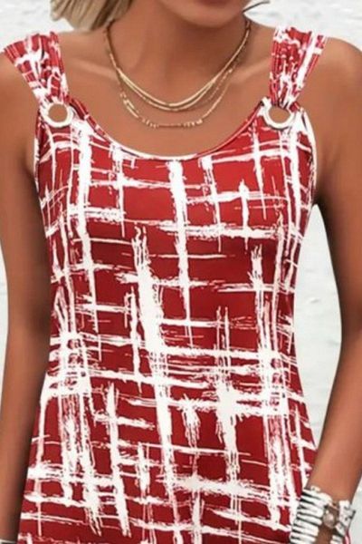 Mossta Patterned Ring Detailed Strap Single Jersey Dress - Red