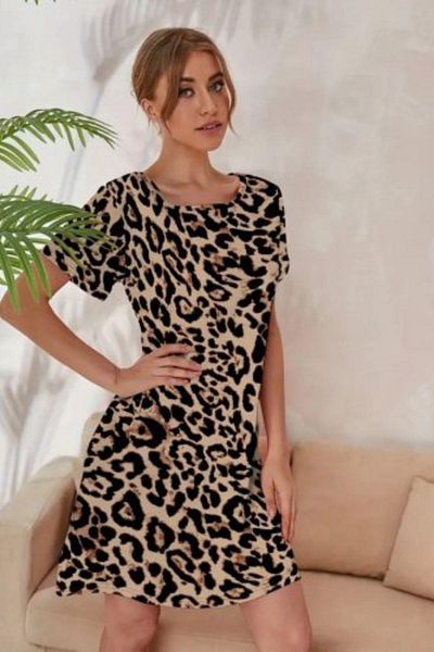Mossta Crew Neck Digital Printed Single Jersey Dress - Patterned