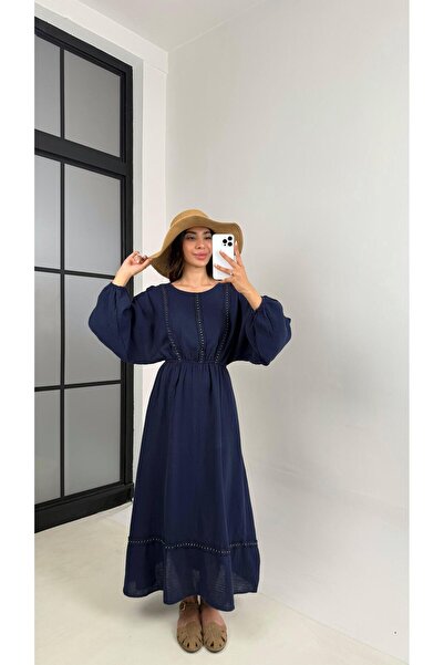 Gaus Lacivert Beli Lastikli Zımba Detaylı Sırt Bağlamalı Müslin Elbise Gaus00621