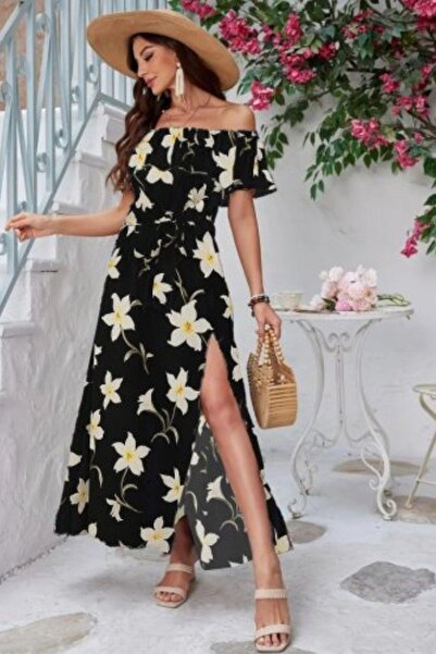 Mossta Rochie lungă cu guler tip Madonna și detaliu cu șliț - Negru