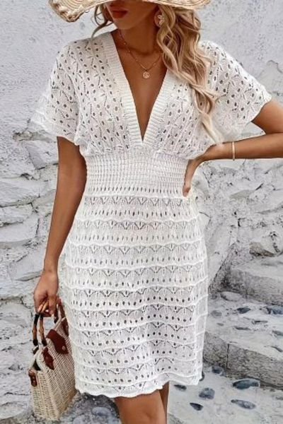Mossta V-Neck Knit Detailed Knitwear Dress - White