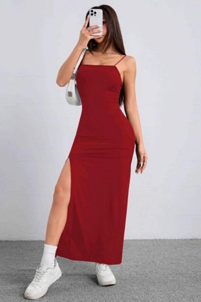 Mossta Thin Strap Crepe Dress with Slit Detail - Red