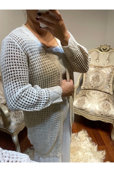 Gokilibutik Women's Summer Cream Hollowed Mesh Long-Sleeved Long Cardigan