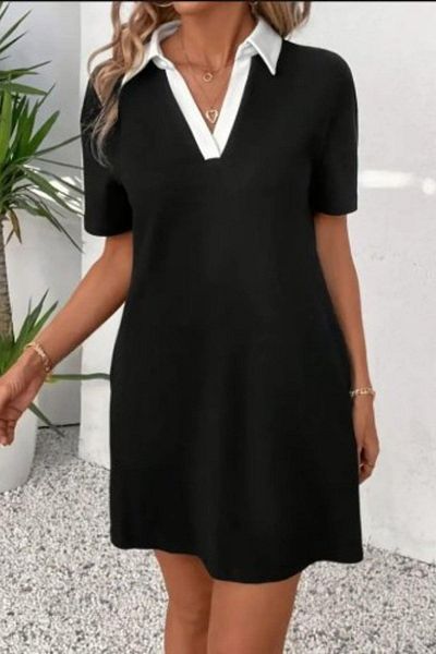 Mossta Collar Detailed Short Sleeve Mini Crepe Dress - Black