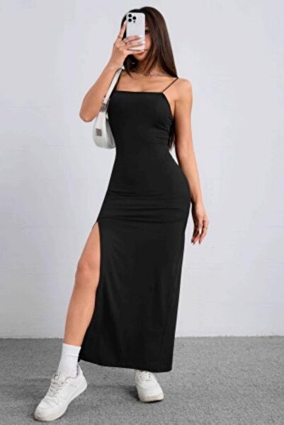 Mossta Thin Strap Crepe Dress with Slit Detail - Black