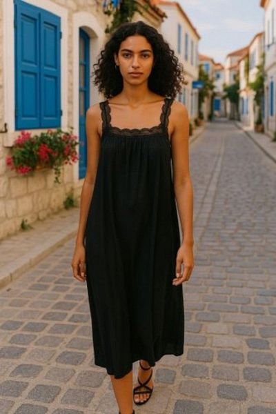 Mossta Square Neck Lace Detailed Viscose Dress - Black
