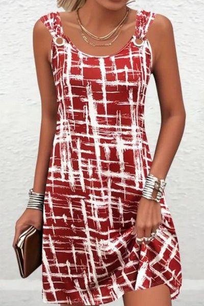 Mossta Patterned Ring Detailed Strap Single Jersey Dress - Red