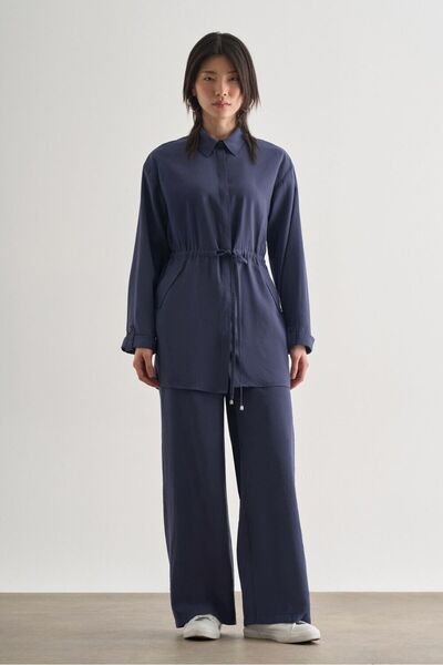 Mizalle Çift Cepli Beli İp Büzgülü Modal Lacivert Tunik