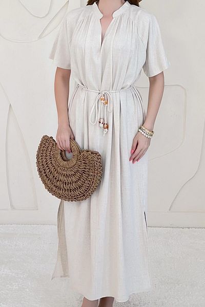Elbee Fashion Woman Casual Linen Dress with Belt Detail