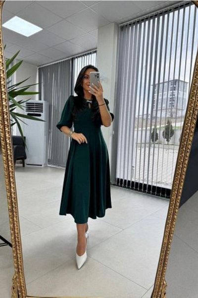 Mossta Balloon Sleeve Brooch Detailed Midi Crepe Dress - Green