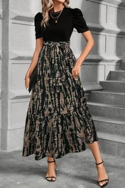 Mossta Crew Neck Pattern Transitional Half Sleeve Maxi Dress - Black