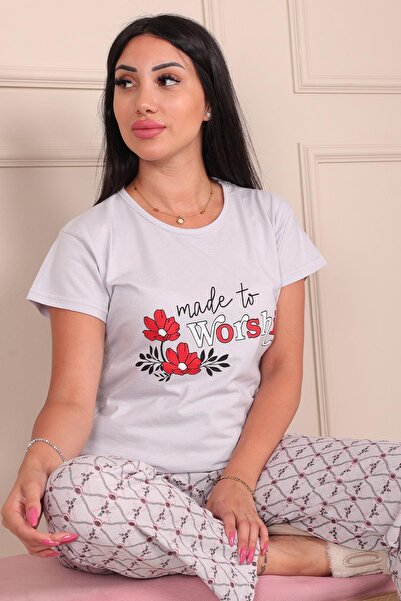 Niket Life Made To Workship Sloganlı Çiçek Desenli Kısa Kol Alt Uzun Pijama Takımı Gri