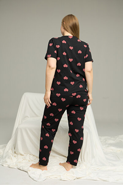 Siyah İnci negru roz cu model de inimă Plus Size Battal Set de pijamale tricotate cu mâneci scurte 7614