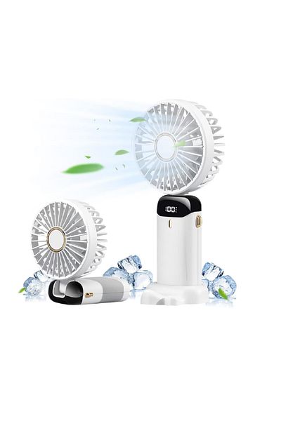 OEM Ultra-portable foldable fan 3 in 1, Plastic/Silicone, 5 speeds, LCD screen, WHITE