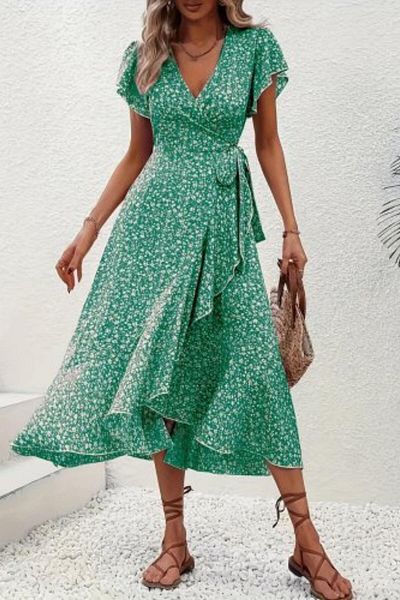 Mossta Ruffle Detailed Double Breasted Collar Patterned Single Jersey Dress - Green