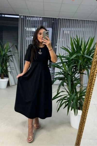Mossta Balloon Sleeve Brooch Detailed Midi Crepe Dress - Black