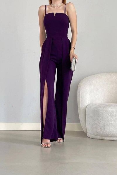 Mossta Thin Strap Strapless V-Neck Slit Jumpsuit - Purple