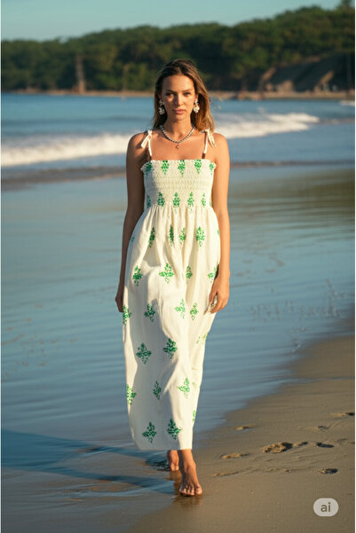 ÇELEBİ STYLE Μακρύ καλοκαιρινό φόρεμα με κορδόνια στο στήθος, βαμβακερό λινό, άνετο και χαλαρό