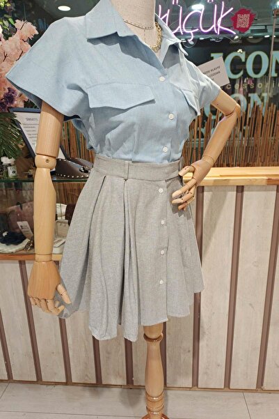 Eswomes Kontrast Renklı Gömlek Elbise bebe mavi