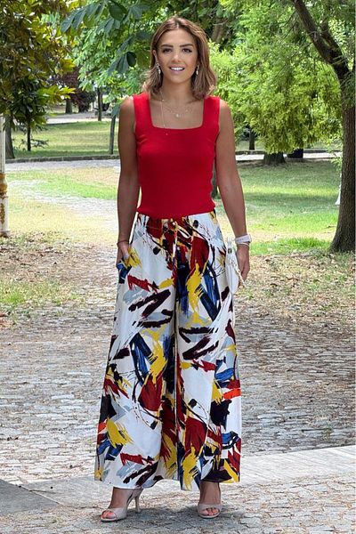 Nevin Kaya Moda Italian Red Dali 100% Cotton Viscose Trousers