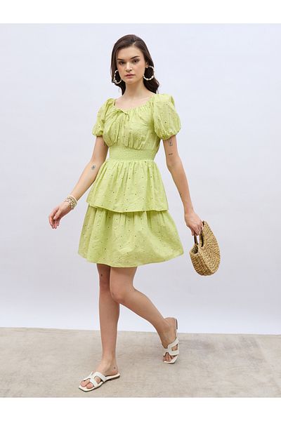 Styli Schiffli Puff Sleeve Smocked Detail Knee-Length Dress