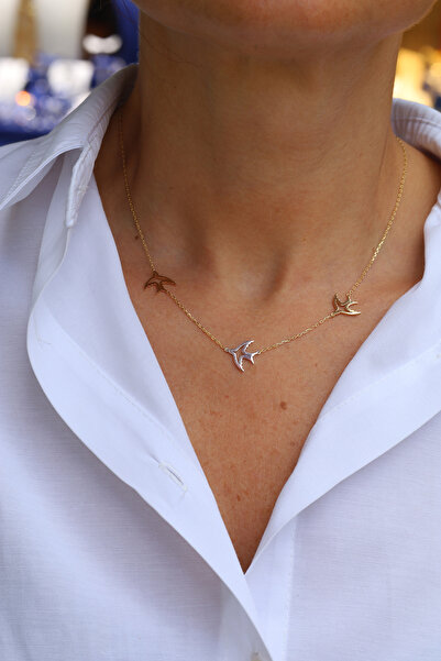 Yenigün Kuyumculuk 14 Ayar Altın Üç Renkli Kırlangıç Detaylı Zincir Kolye