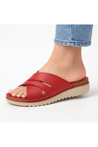 Ayakkabı Vakti Low Wedge Heel Red Anatomical Sole Slippers