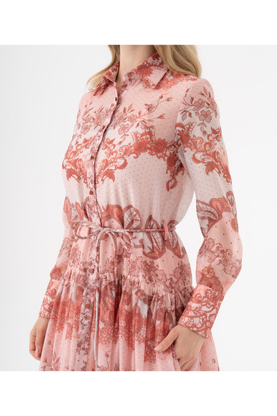 SERPİL Desen Bloklu Gömlek Yaka Kuşaklı Uzun Elbise