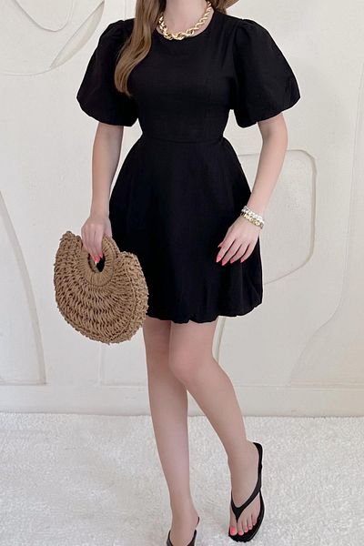 Elbee Fashion Woman Balloon Sleeve Back Tie Detail Linen Dress