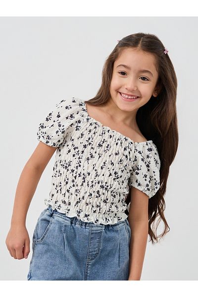 Styli Girls Floral Print Smocked Blouse with Short Sleeves
