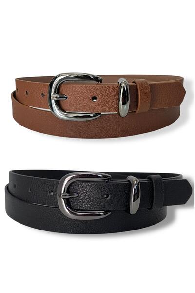 Gesa Men's Faux Leather Nickel Buckle Thin Old Money Black-Tan Set of 2 Belts 2.5 cm