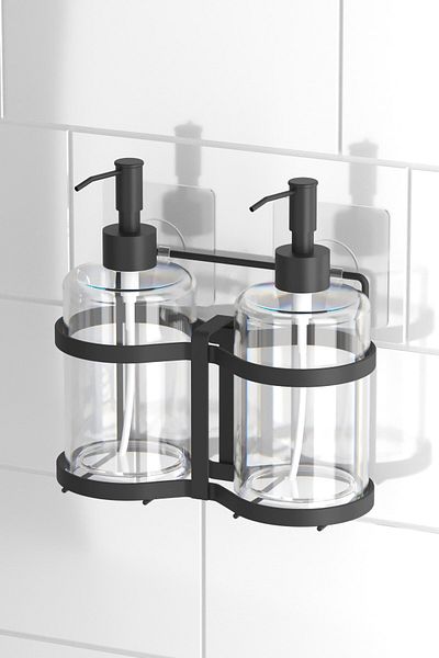 Tekno-tel 2-компонентна самозалепваща се стъклена бутилка с течен сапун, поставка, черна ST405