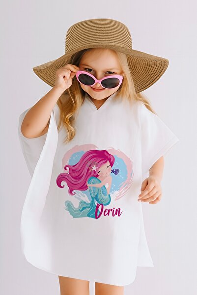 Lilabio İsme Özel %100 Pamuk Müslin Kapüşonlu Kız Çocuk Panço Bornoz Deniz Kızı