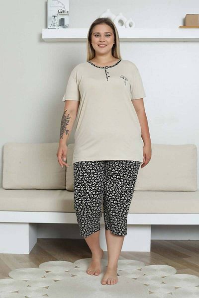 ALİMER Embroidered Women's Pajamas Set - Beige Plus Size Bermuda Short Sleeve Lycra Bamboo Viscose 2857Bb